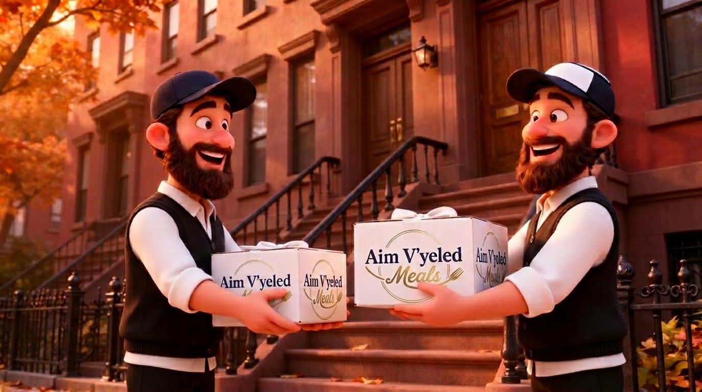 Two delivery men handing over Aim V'yeled Meals boxes on a Brooklyn street